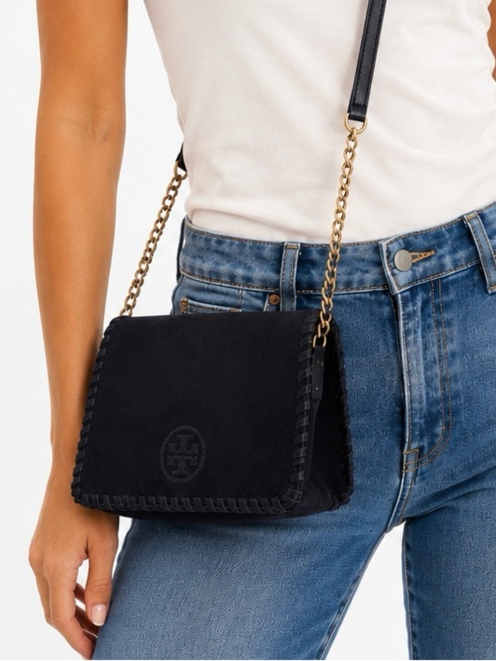 Tory Burch Marion Suede Crossbody Clutch Navy Blue Gold Chain Whipstitch Bag - Picture 2 of 12